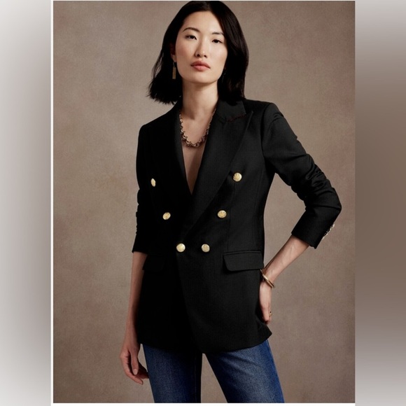 Banana Republic Classic Black Wool Blend Captain's Blazer Gold Buttons SZ 6Pet - Picture 7 of 7